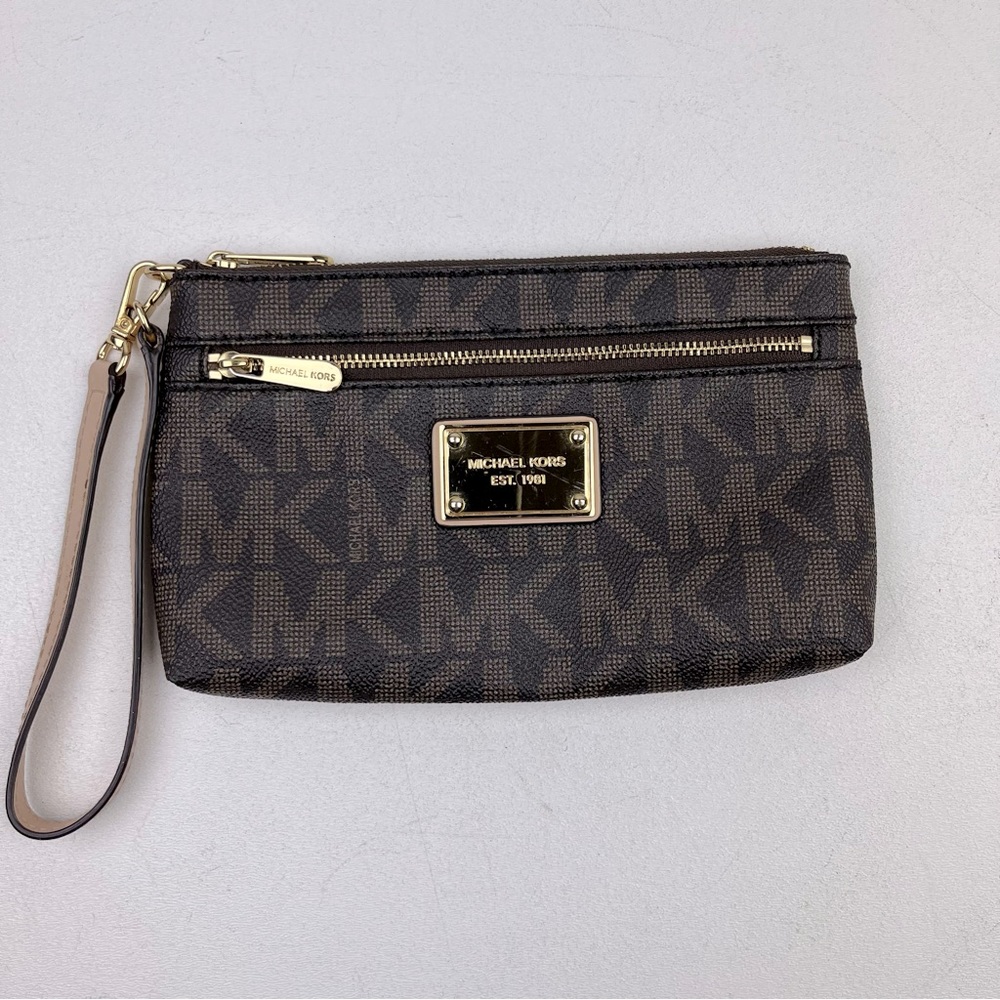 Michael Kors Logo Wristlet Brown Gold Zip